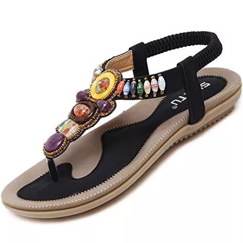 ZDQ Sandalen & Slides ZDQ Damen Sommer Strand Sandaletten Bohemian Flach Zehentrenner Sandalen mit Strass Perlen Gr.35.5-44