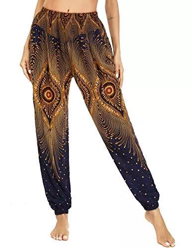 Irevial Hosen Irevial Damen Haremshose Hippie Hose Baumwolle Strandhose Yogahose Pilates Sommerhose Boho Freizeithose Pumphose Pfauendruck