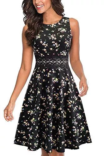 HOMEYEE Cocktail HOMEYEE Damen Vintage Rundhalsausschnitt ärmellosen Blumen Bestickt knielangen Cocktailkleid UKA079