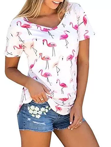 Karuina T-Shirts Karuina Damen kurzärmliges Hemd, lässige Sommer-Tops, Flamingos Bedruckte T-Shirts