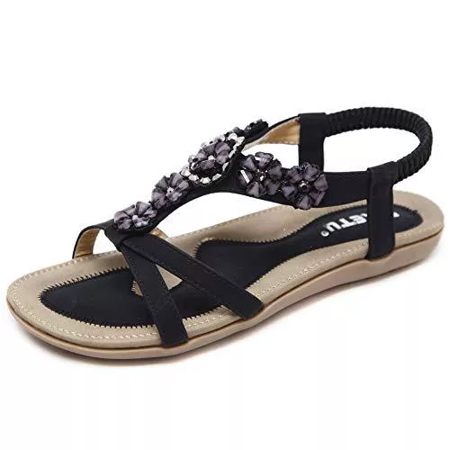 Woky Sandalen & Slides Woky Damen Sommer Sandalen mit Strass Perlen Bohemia Strand Schuhe Freizeit Flach Sandalette Größe 34-44