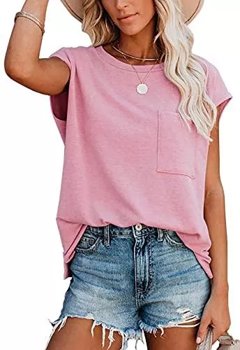 AOISAGULA T-Shirts AOISAGULA Damen Casual T-Shirt Kurzarm Bluse Sommer Lose Tops Rundhals Basic Oberteile mit Tasche