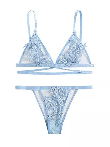 SheIn Unterwäsche & Dessous SheIn Damen-Dessous-Set mit Blumen und Häkel-Design, sexy und durchscheinend, Netz-Applikationen, Dessous-Set, BH und Panty-Set