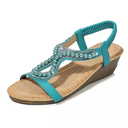 DovSnnx Sandalen & Slides DovSnnx Damen Sommer Flach Open Toe Sandalen Frauen Freizeit Slingback Sandals Outdoor Hausschuhe Platform Schuhe Bohemia Strand Flip Flops Zehentrenner Strass Perlgrün