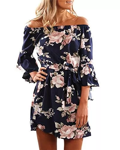Style Dome Freizeit Style Dome Sommerkleid Damen Lange Ärmel Schulterkleid Casual A-line Mini Kleid Blumenmuster Kurzes Strandkleid