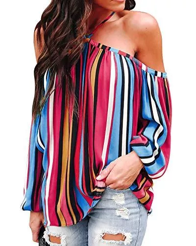 YOINS Langarmblusen YOINS Damen Langarmshirt Schulterfrei Sommer Oberteile Damen V-Ausschnitt Carmen Shirt Langarm Spitzenbluse Tops Cross Front