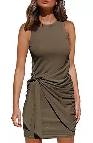 Vinlari Freizeit Sommerkleid Damen Einfarbig Kurzerkleider Ärmellos Freizeitkleider Rundhals Twist Knot Kleid A Linien Knielang Partykleider Schlank Vintage Strandkleider