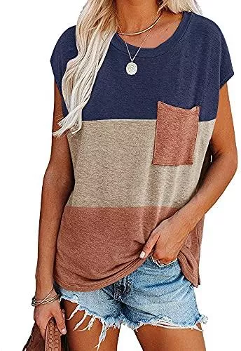Lantch T-Shirts Damen T-Shirt Sommer Kurzarm Tops Shirts Casual Basic Rundhals Farbblock Oberteile