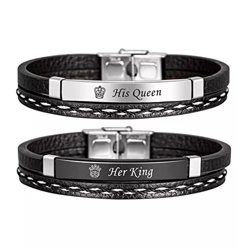 JSDDE Schmuck JSDDE Schmuck Her King His Queen Paar Leder Armbänder Prächen Armreif mit Edelstahl Magnetverschluss Partnerarmbänder Freundschaftsarmband für Liebhaber Freunde