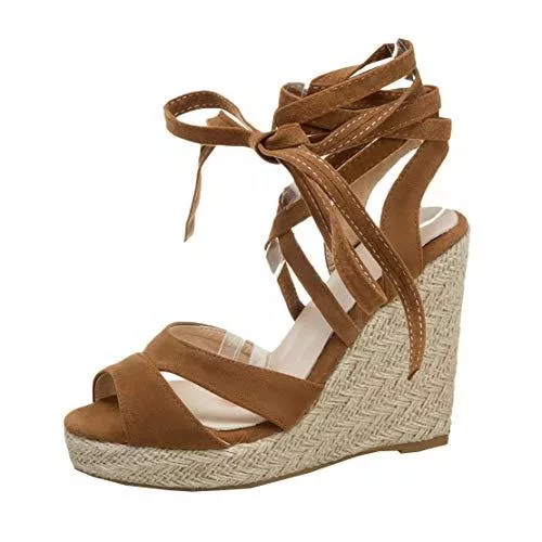 MISSUIT Hausschuhe MISSUIT Damen Wedges Plateau Sandaletten High Heels Keilabsatz Sandalen mit Schnürung Espadrilles Sommer Schuhe