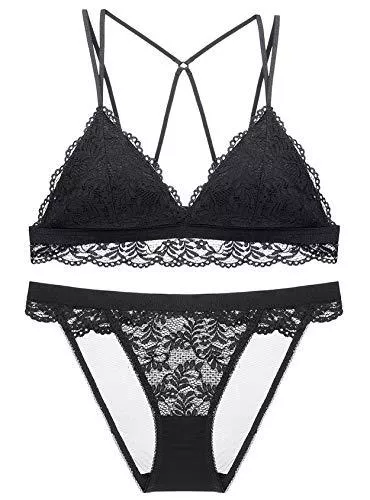 SHEKINI Unterwäsche & Dessous SHEKINI Damen Spitzen Unterwäsche Set Leichte BH Set Bralette Gepolstert Ohne Bügel und Transparente Slip Nicht Abnehmbarer Bra Hipsters mit Hakenverschluss und Verstellbare Träger