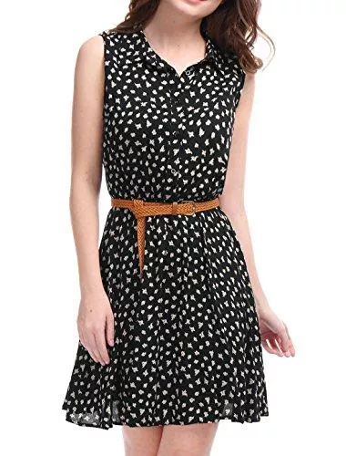 Allegra K Freizeit Allegra K Damen Ärmellos A Linie Gürtel Muster Shirtkleid Kleid