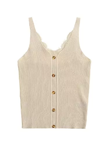 SOLY HUX Tops Soly Hux Damen-Tanktop mit Spitze und Knöpfen, V-Ausschnitt, geripptes Top, ohne Ärmel, mit Trägern, T-Shirt, Bluse, lässig, für Sommer