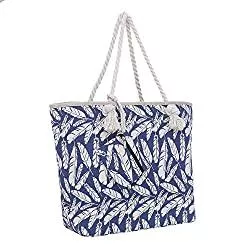 DonDon Taschen & Rucksäcke Große Strandtasche mit Reißverschluss 58 x 38 x 18 cm Federn blau beige Shopper Schultertasche Beach Style