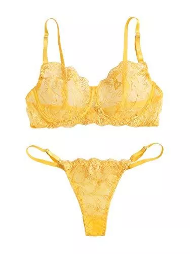 DIDK Unterwäsche & Dessous DIDK Damen Dessous Set mit Stickereien Push Up BH Set Bügel BH Set Netzstoff BH Tangas Lingerie Sets Unterwäsche mit Hakenverschluss und Verstellbare Träger