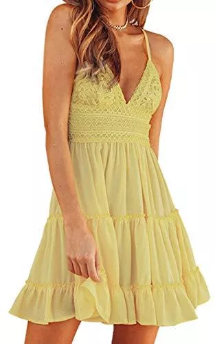 ECOWISH Freizeit ECOWISH V Ausschnitt Kleid Damen Spitzenkleid Träger Rückenfreies Kleider Sommerkleider Strandkleider Weiß