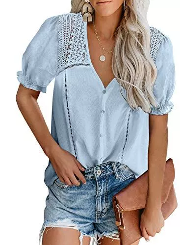 Astylish Kurzarmblusen Astylish Bluse Damen, elegant Chiffon Bluse Damen Oberteile Spitze mit V-Ausschnitt Aushöhlen Lose Tops Damen Spitze Casual Hemd Damen Tops Spitze einfarbig (S-2XL)