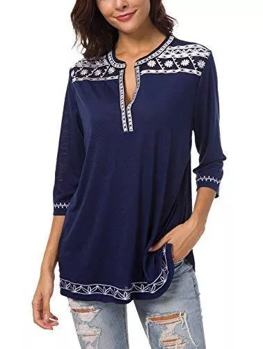 Urban GoCo Kurzarmblusen Urban GoCo Damen Böhmen Stickerei V-Ausschnitt Tops Blouse