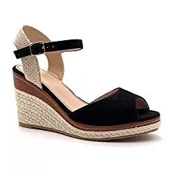 Angkorly Sandalen & Slides Angkorly - Damen Schuhe Sandalen Espadrille - T-Spange - Offen - Knöchelriemen - Riemen - mit Stroh - Geflochten Keilabsatz 8 cm