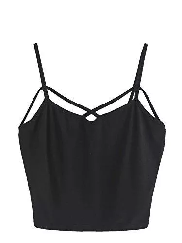 DIDK Tops DIDK Damen Crop Shirt mit V-Ausschnitt Kreuz Schnürung Spagehtti Träger Oberteil Top