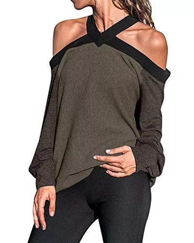 kenoce Tuniken kenoce Sexy Schulterfrei Oberteil Damen Off Shoulder Langarmshirt Tunika V-Ausschnitt T-Shirt Farbblock Pullover Langarm Neckholder Top Bluse