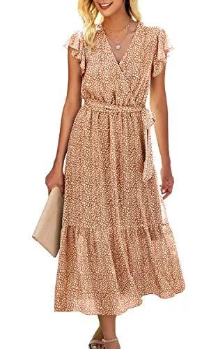 Spec4Y Freizeit Spec4Y Maxikleid Damen Blumen Lang Kleider Kurzarm V-Ausschnitt Wickelkleid Rüschen Sommerkleider mit Gürtel