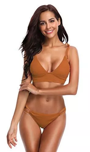 SHEKINI Bademode SHEKINI Damen Besondere Plissee Bikini Set V-Ausschnitt Rückenfrei Verstellbar Ties-up Bikinioberteil Zweiteiliger Badeanzug Niedrig Tailliert Triangel Cutout Bikinihose Bademode