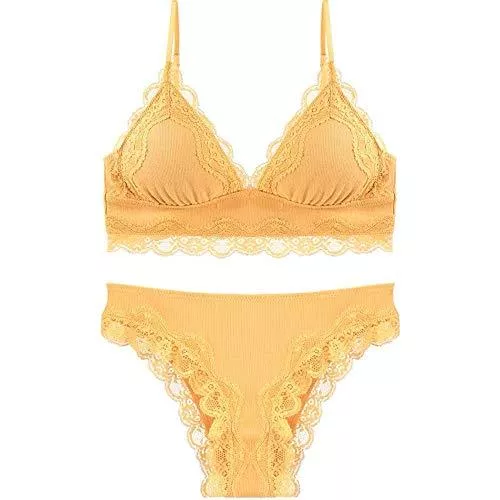 DKee Unterwäsche & Dessous DKee Damen Unterwäsche-Set, sexy Spitze, tiefer V-Ausschnitt, gerafft, ohne Stahlring, verstellbare Brustform, drei Reihen von drei Schnallen (Farbe: Gelb, Größe: 75A = 32A = 70A)