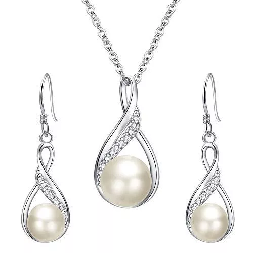 Clearine Schmuck Clearine Damen 925 Sterling Silber Delicate Elegant CZ Cream Süßwasser-Zuchtperle Spiral Unendlichkeit Pendant Halskette Hook Ohrringe Schmuck Set