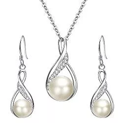 Clearine Schmuck Clearine Damen 925 Sterling Silber Delicate Elegant CZ Cream Süßwasser-Zuchtperle Spiral Unendlichkeit Pendant Halskette Hook Ohrringe Schmuck Set