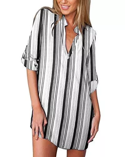 ZANZEA Langarmblusen ZANZEA Damen V-Ausschnitt Chiffon Langarm Slim Oversize T-Shirt Bluse Lose Tops