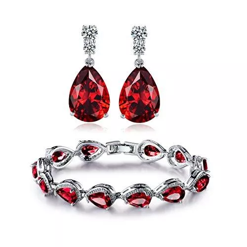 GULICX Schmuck GULICX Damen Ohrringe/Armband/Schmuckset Saphir/Rubin Silber Ohrhänger Tennisarmband Armkette Rot/Blau Weiß Trofen Zirkonia