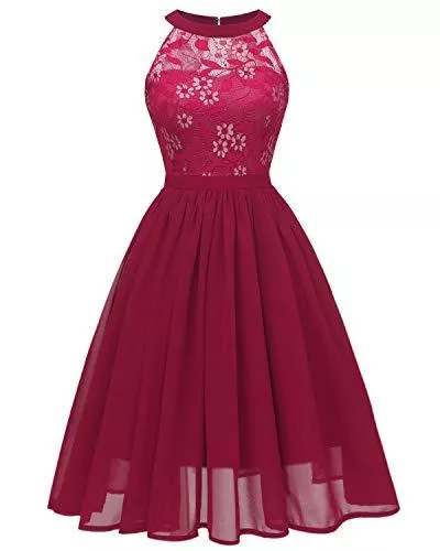 Viloree Cocktail Viloree Damen Neckholder Floral Spitze Brautjungfern Partykleid Ärmellos Cocktail Kleid