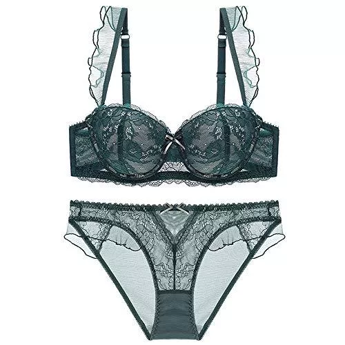 MGWA Unterwäsche & Dessous MGWA WINGERIE. Damen Unterwäsche Set Sexy Lace Gathering BH Thin Up Dessous Push Up BH Und Höschen Set Gepolsterter BH Bequeme Unterwäsche Mit Stahlring (Color : Green, Size : 75B=32B=70B)