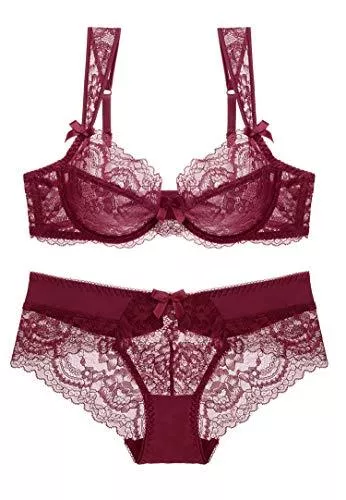 SHEKINI Unterwäsche & Dessous SHEKINI Damen Bügel BH Set Push Up Spitze BH und Transparente Slip Nicht Gepolstert Bra Glatter Panty Lingerie Unterwäsche mit Hakenverschluss und Verstellbare Träger