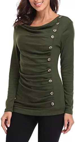 Dilgul Tuniken Dilgul Damen Pullover Sexy Langarmshirt Knit Blousen Tuniken mit Decor Knöpfen