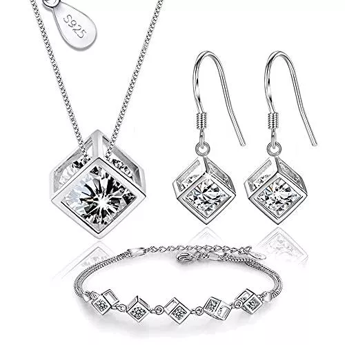 CRYSTALINA Schmuck Schmuckset aus 925er-Silber für Damen, Halskette, Ohrringe und Armband mit Zirkonia, schöne Geschenkbox