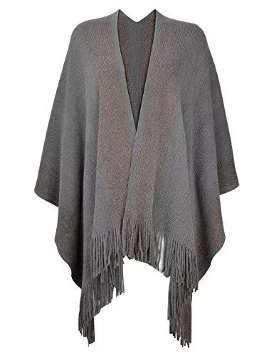 ZLYC Pullover & Strickmode ZLYC Damen schal goldene Trim Knit-kuscheldecke Fringe Poncho-Mantel Strickjacke