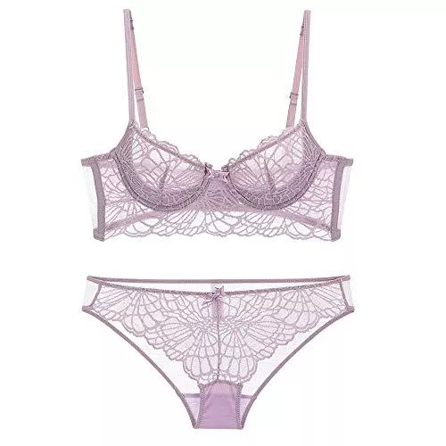 WHSS Unterwäsche & Dessous WHSS Dessous-Sets Damen Unterwäsche Set Sexy Spitze durchscheinend Perspektive Dessous bestickt Transparent Push Up Unterwäsche BH und Höschen Set (Farbe: Lila, Größe: 75B=32B=70B)