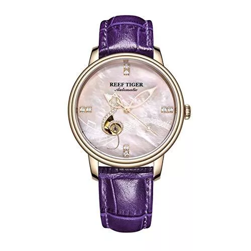 REEF TIGER Uhren REEF TIGER Designer Fashion Uhren für Frauen Rose Gold Rosa Sheel Zifferblatt Automatikuhren RGA1582