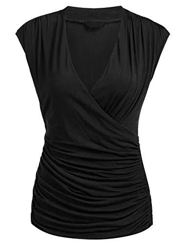 trudge Ärmellose Blusen Damen V-Ausschnitt T-Shirt Cross Wrap Wickeloberteil Ärmellos Sommershirt Falten Shirt Bluse Tunika Wasserfallkragen Wickelshirt Sexy Oberteil