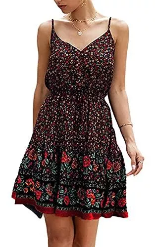 Spec4Y Freizeit Spec4Y Damen Kleider Kurz Blumen Sommerkleid Swing V Ausschnitt Ärmellos Minikleid A Linie Skatekleid