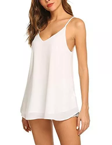 Beyove Ärmellose Blusen Beyove Damen Ärmellose Chiffon Bluse Sommer Spaghetti Top V-Ausschnitt Elegant Weste Hemdbluse Doppelschicht Loose fit T Shirt Oberteile