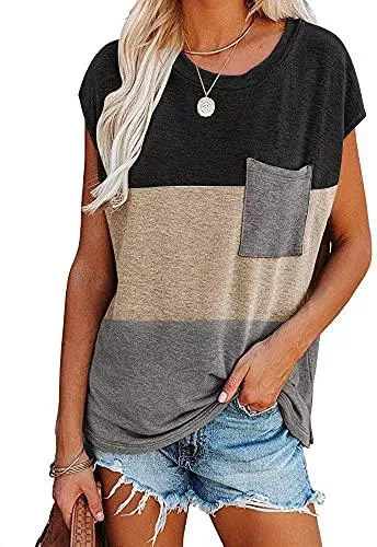 Lantch Kurzarmblusen Damen T-Shirt Sommer Kurzarm Tops Shirts Casual Basic Rundhals Farbblock Oberteile