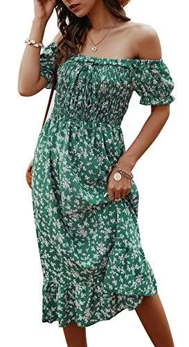 ZIYYOOHY Freizeit Damen Sommerkleid Schulterfrei Kurzarm Strandkleid Blumenmuster Elegant A-Linie Freizeitkleid Sexy Rückenfrei Knielang Kleider Boho Midikleid Cocktailkleid