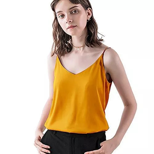 Bighand Cat Ärmellose Blusen IIG Klassische Damen-Seidensatin-Camisole Top Sexy V-Ausschnitt Bluse Tank Shirt Damen Spaghettiträger Weste Cami XS-3XL