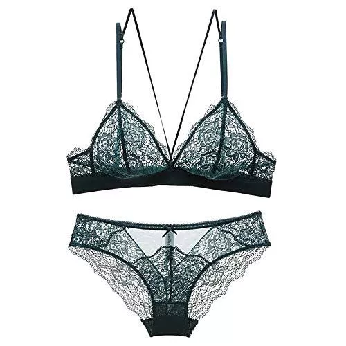 LCSD Unterwäsche & Dessous LCSD Dessous-Set für Damen, sexy Spitzenband, transparent, ultradünn, ohne Stahlring, zweireihige Schnalle. (Farbe: Grün, Größe: 80B=34B=75B)