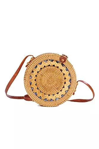 Ulisty Taschen & Rucksäcke Ulisty Hohl-geschnitztes Design Rund Rattan Tasche Kreis Strohbeutel Handgefertigte Tasche Weben Korb Handgewebte Tasche Sommer-Strandtasche Schultertasche Umhängetasche für Damen/Frauen