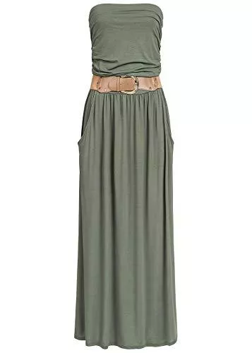 Styleboom Fashion® Freizeit Styleboom Fashion® Damen Kleid Longform Bandeau Dress 2-Pockets Belt Sommerkleid Military grün