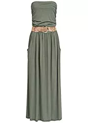 Styleboom Fashion® Freizeit Styleboom Fashion® Damen Kleid Longform Bandeau Dress 2-Pockets Belt Sommerkleid Military grün